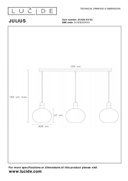 Lucide JULIUS - Pendant light - 3xE27 - Smoke Grey - technical